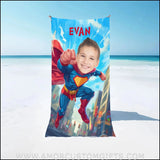 Towels Personalized Super Boy Flying Through City Photo Beach Towel