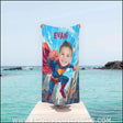 Towels Personalized Super Boy Flying Through City Photo Beach Towel | Customized Name & Face Boy Towel
