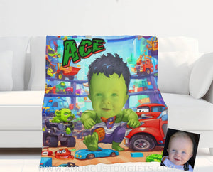 Blankets Personalized Superhero Baby Green Hulk Boy Blanket | Custom Face & Name Blanket For Boys