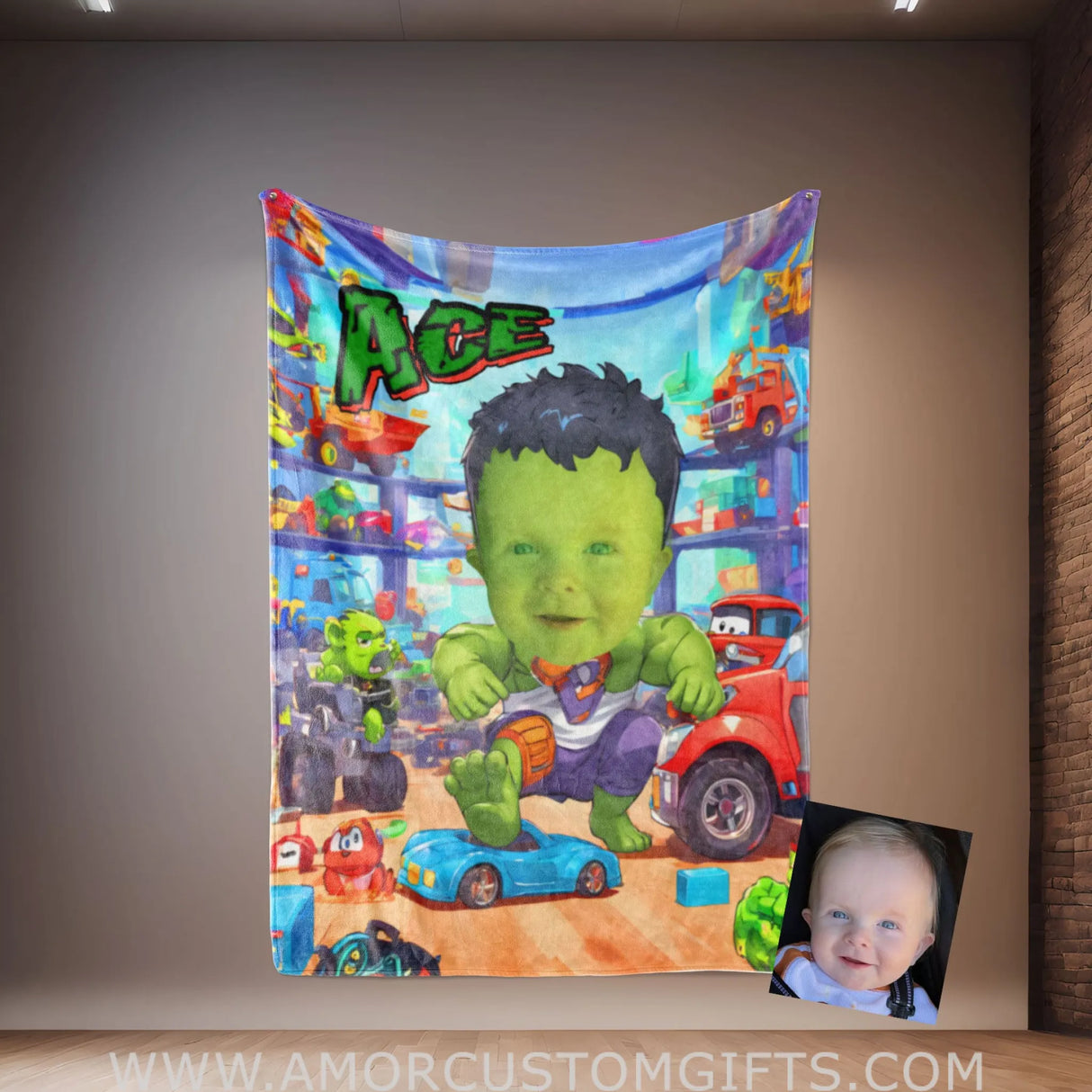 Blankets Personalized Superhero Baby Green Hulk Boy Blanket | Custom Face & Name Blanket For Boys