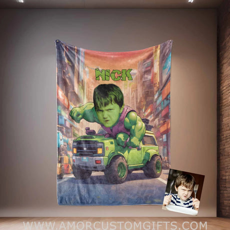 Blankets Personalized Superhero Baby Green Hulk Boy With Car Blanket | Custom Face & Name Blanket For Boys