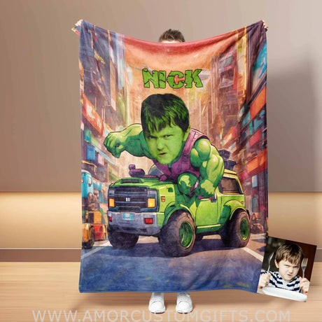 Blankets Personalized Superhero Baby Green Hulk Boy With Car Blanket | Custom Face & Name Blanket For Boys