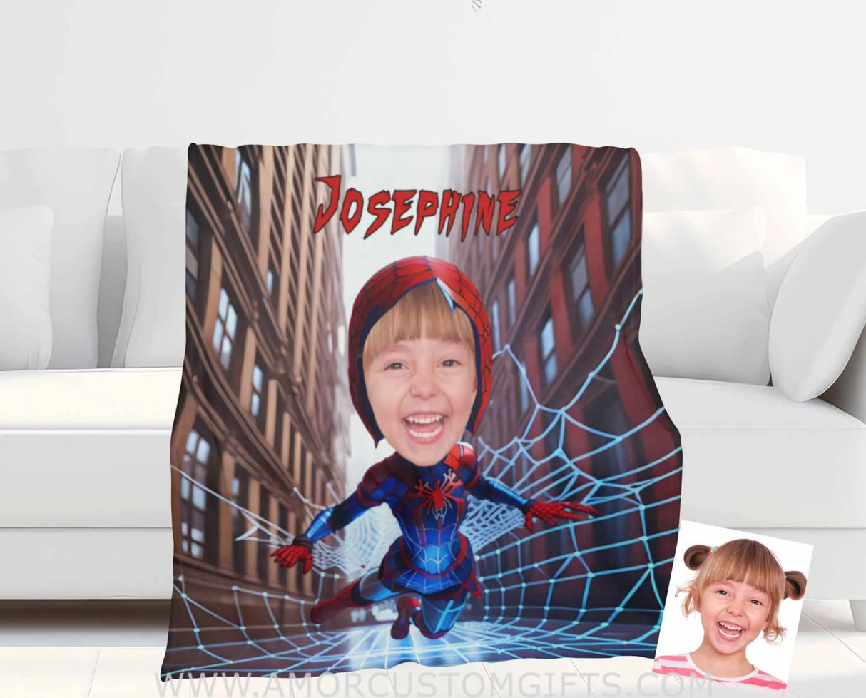 Blankets Personalized Superhero Baby Spider Girl 5 NewYork Building Blanket | Custom Face & Name Superhero Girl Blanket