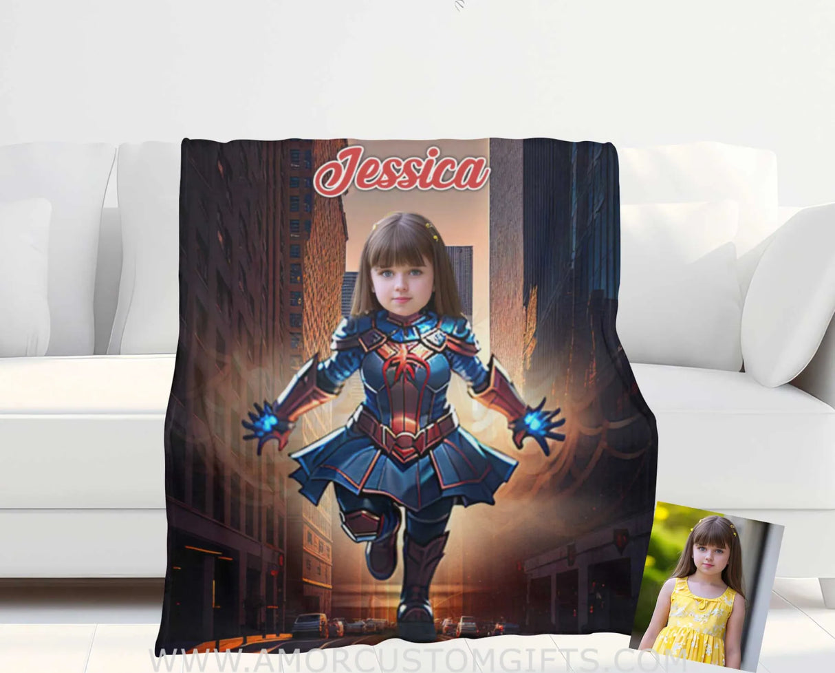 Blankets Personalized Superhero Baby Spider Girl 6 NewYork Building Blanket | Custom Face & Name Superhero Girl Blanket