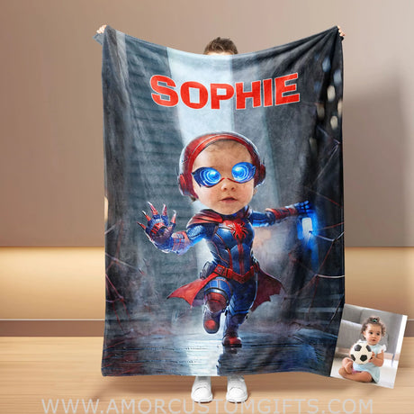 Blankets Personalized Superhero Baby Spider Girl 7 NewYork Building Blanket | Custom Face & Name Superhero Girl Blanket