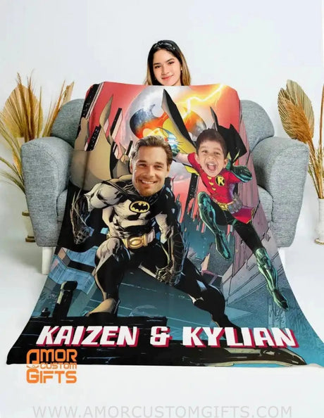 Blankets Personalized Superhero Bat Boy And Robin Father Son Blanket | Custom Face & Name Father&Son Blanket