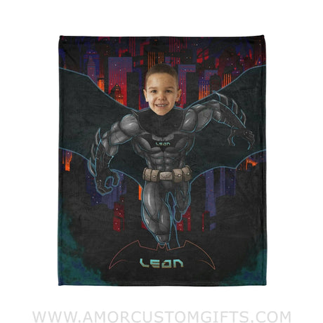 Blankets Personalized Superhero Bat Boy In Sparkling City Blanket | Custom Bat Boy Hero Blanket