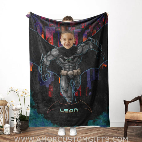 Blankets Personalized Superhero Bat Boy In Sparkling City Blanket | Custom Bat Boy Hero Blanket