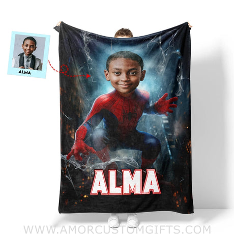 Blankets Personalized Superhero Black Spider Boy Blanket | Custom Face & Name Superhero Boy Blanket