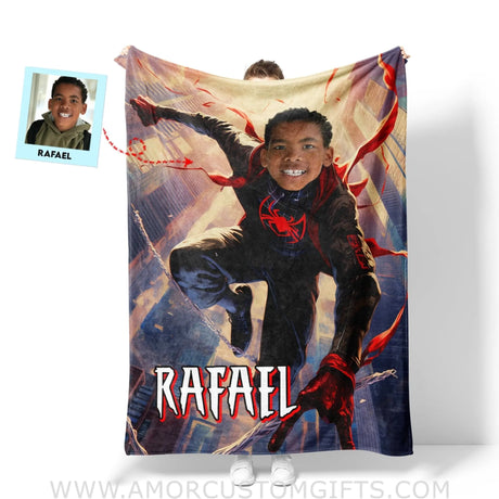 Blankets Personalized Superhero Black Spider Boy Blanket | Custom Face & Name Superhero Boy Blanket