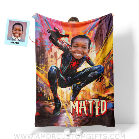 Blankets Personalized Superhero Black Spider Boy Watercolor Style Blanket | Custom Face & Name Superhero Boy Blanket