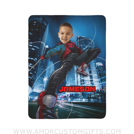 Blankets Personalized Superhero Black Spider Miles Blanket | Custom Spidey Boy Blanket With Picture