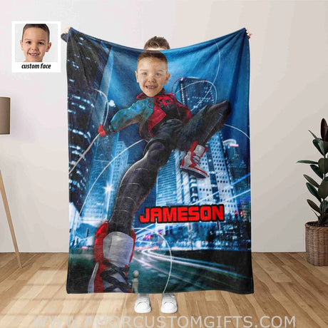 Blankets Personalized Superhero Black Spider Miles Blanket | Custom Spidey Boy Blanket With Picture