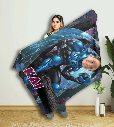 Blankets Personalized Superhero Blue Beetle Blanket | Custom Face & Name Superhero Boy Blanket