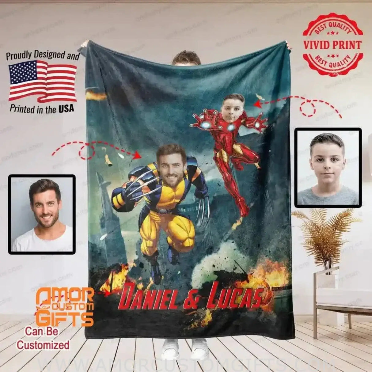 Blankets Personalized Superhero Brothers Blanket | Custom Face & Name Iron Boy Wolverine Blanket