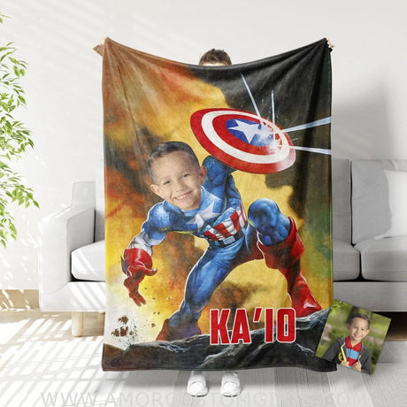 Blankets Personalized Superhero Captain America 10 Boy Blanket | Custom Face & Name Blanket For Boys