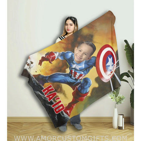 Blankets Personalized Superhero Captain America 10 Boy Blanket | Custom Face & Name Blanket For Boys