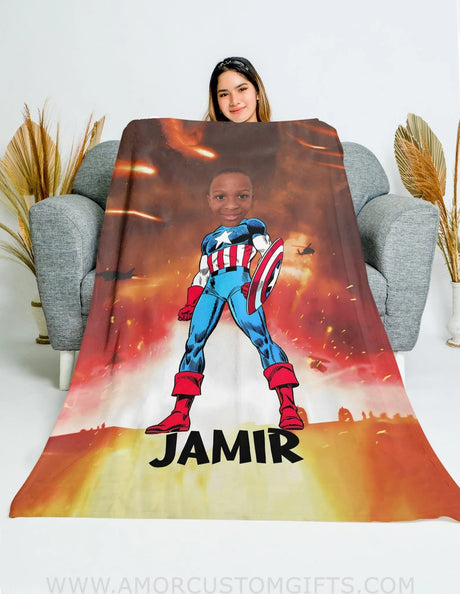 Blankets Personalized Superhero Captain America 11 Boy Blanket | Custom Face & Name Blanket For Boys