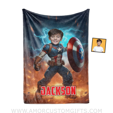 Blankets Personalized Superhero Captain America Boy Photo Blanket | Custom Name & Face Superhero Boy Blanket