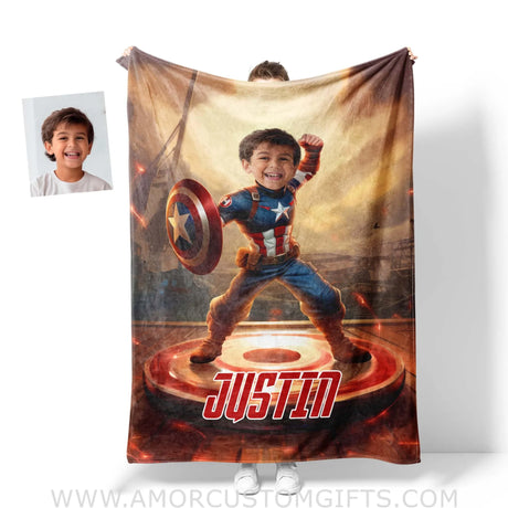 Blankets Personalized Superhero Captain America Boy Yoyo Board Photo Blanket | Custom Name & Face Superhero Boy Blanket