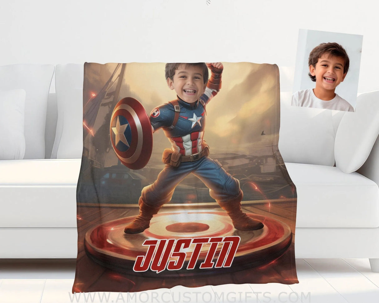 Blankets Personalized Superhero Captain America Boy Yoyo Board Photo Blanket | Custom Name & Face Superhero Boy Blanket