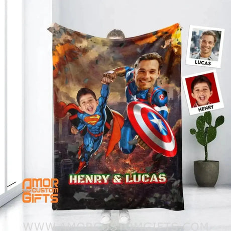 Blankets Personalized Superhero Captain America Super Son Father Son Blanket | Custom Face & Name Father&Son Blanket