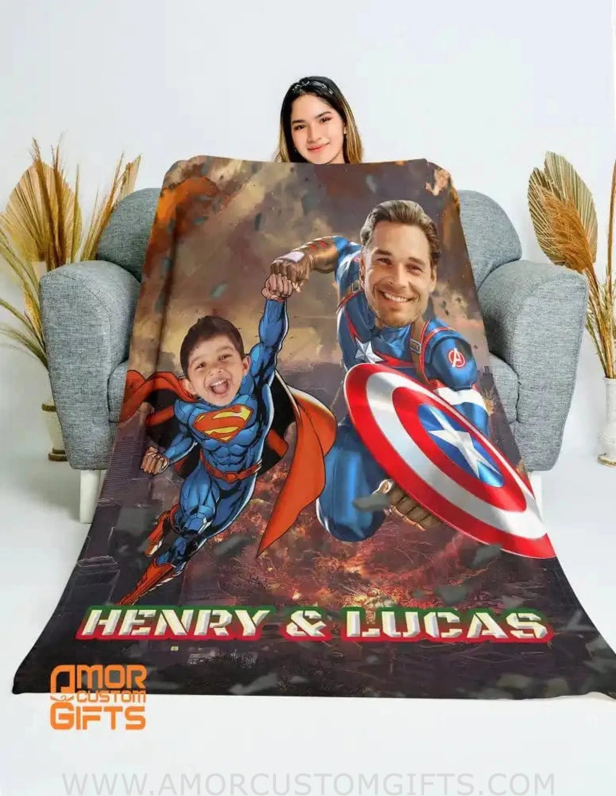 Blankets Personalized Superhero Captain America Super Son Father Son Blanket | Custom Face & Name Father&Son Blanket