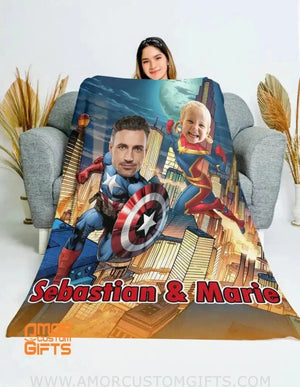 Blankets Personalized Superhero Captain America Wonder Woman Father Daughter Blanket | Custom Father&Daughter Blanket