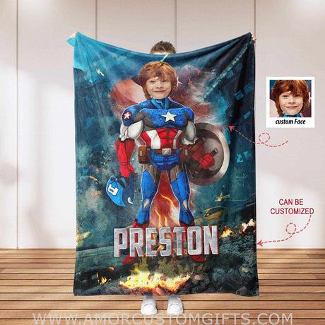 Blankets Personalized Superhero Captain Blanket | Custom Face & Name American Captain Boy Blanket,  Customized Blanket