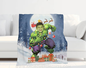 Blankets Personalized Superhero Christmas Tree Hulk Blanket | Custom Face & Name Superhero Boy Blanket