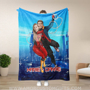 Blankets Personalized Superhero Couple Blanket | Custom Face & Name Boy Spider Man Iron Girl Blanket,  Customized Blanket