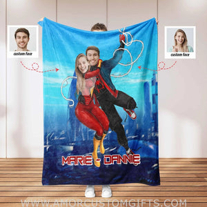 Blankets Personalized Superhero Couple Blanket | Custom Face & Name Boy Spider Man Iron Girl Blanket,  Customized Blanket