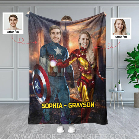 Blankets Personalized Superhero Couple Blanket | Custom Face & Name Captain Man with Iron Woman Blanket