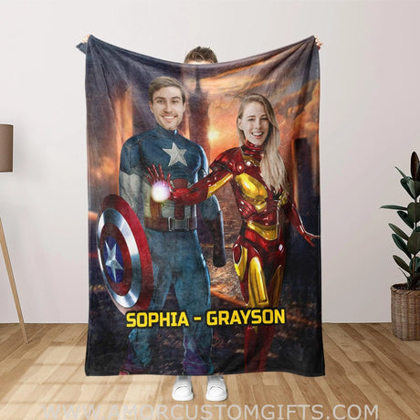 Blankets Personalized Superhero Couple Blanket | Custom Face & Name Captain Man with Iron Woman Blanket