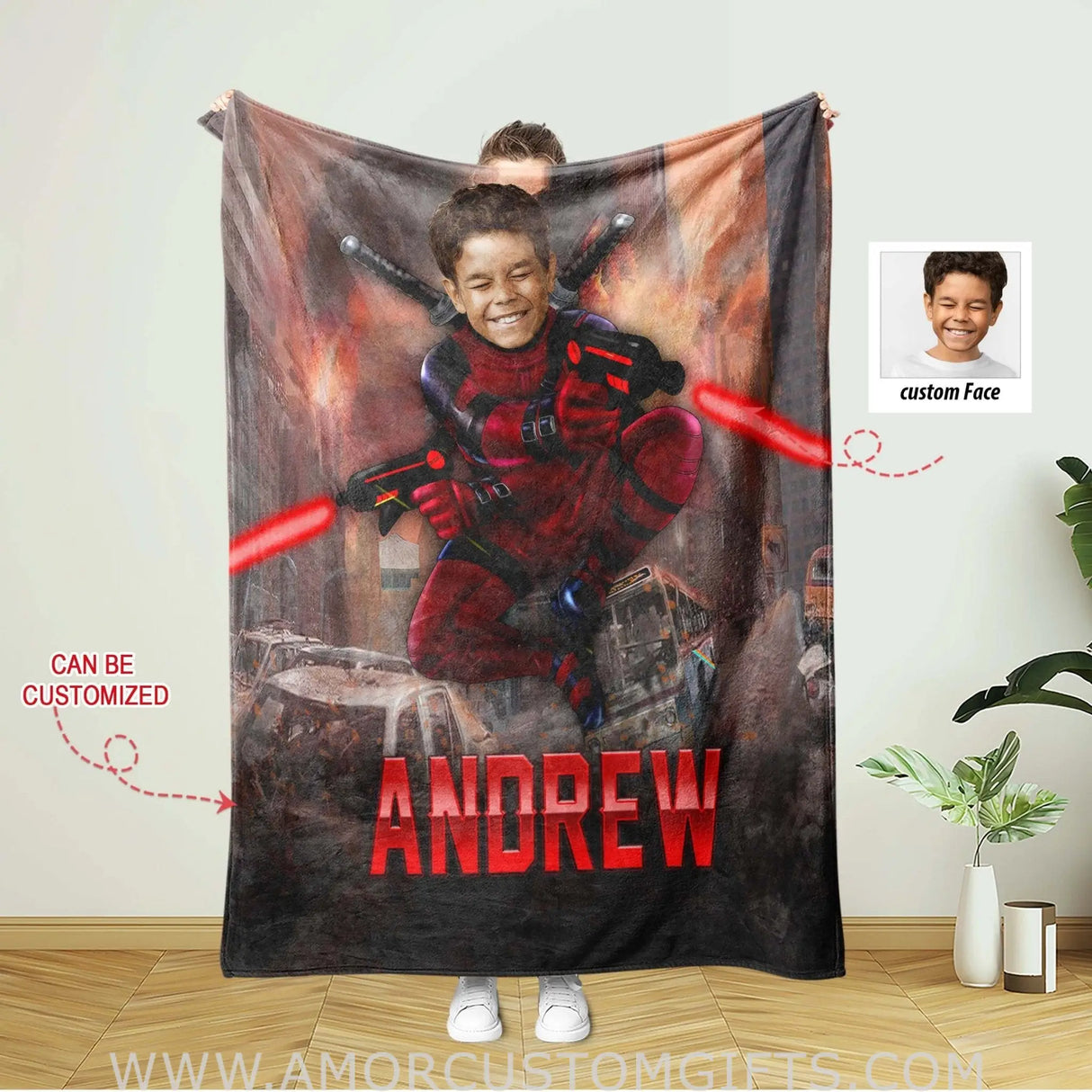 Blankets Personalized Superhero Deadpool Superhero Blanket | Custom Face & Name Deadpool Boy Blanket