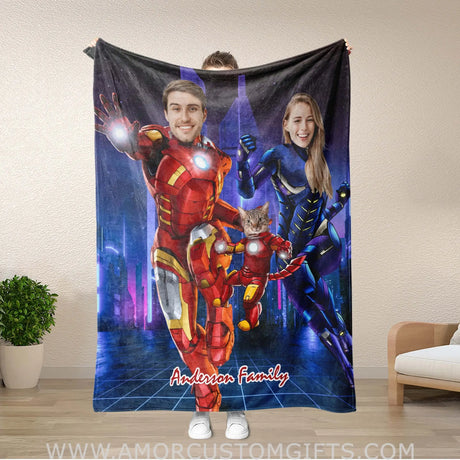 Blankets Personalized Superhero Family Iron Captain Blanket | Custom Face & Name Blanket