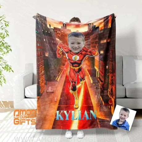 Blankets Personalized Superhero Flash 3 Blanket | Custom Face & Name Superhero Boy Blanket