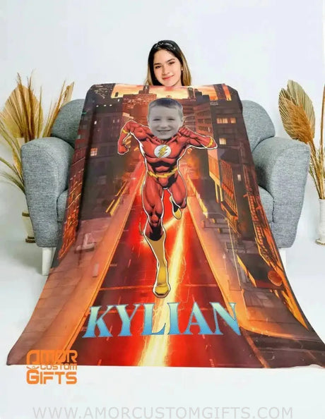 Blankets Personalized Superhero Flash 3 Blanket | Custom Face & Name Superhero Boy Blanket