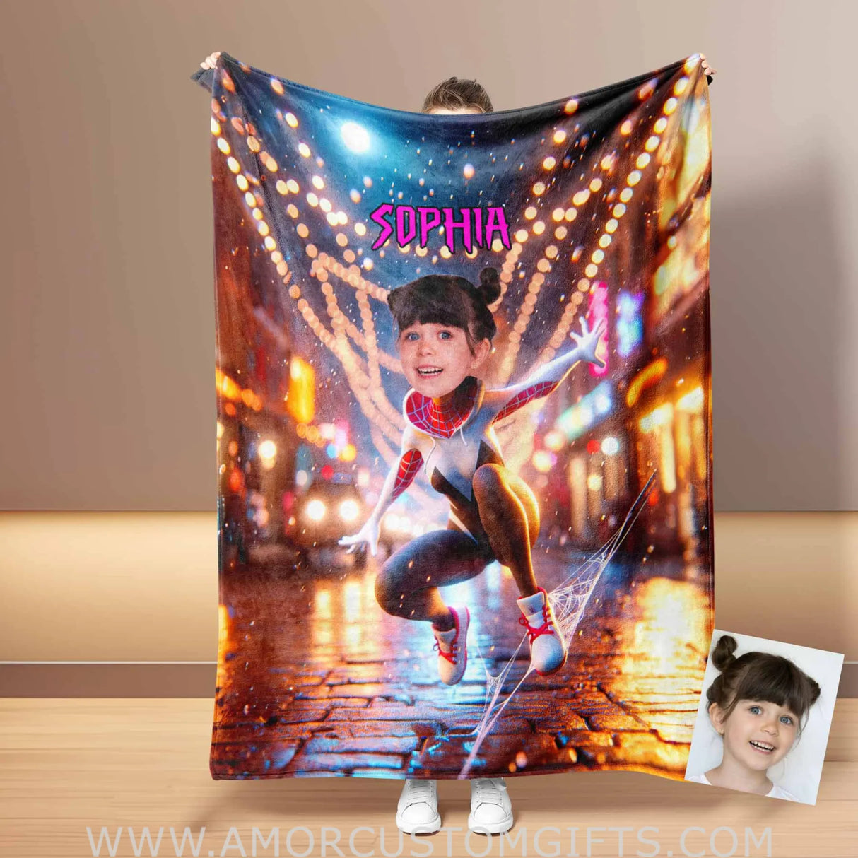 Blankets Personalized Superhero Ghost Spider Girl Blanket | Custom Face & Name Superhero Girl Blanket