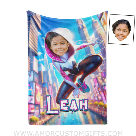 Blankets Personalized Superhero Ghost Spider Girl Gwen In Bright City Photo Blanket | Custom Name & Face Girl Blanket
