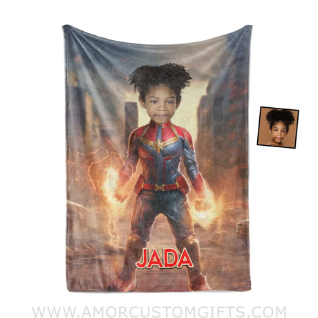Blankets Personalized Superhero Girl Captain Photo Blanket | Custom Name & Face Girl Blanket