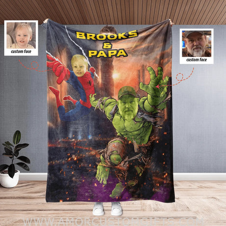 Blankets Personalized Superhero Green Monster And Spider Couple Face Name Blanket