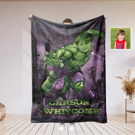 Blankets Personalized Superhero Blanket | Custom Face & Name Green Hero Photo Blanket