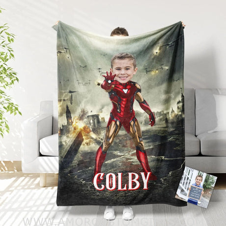 Blankets Personalized Superhero Iron Boy 8 Boy Blanket | Custom Face & Name Blanket For Boys