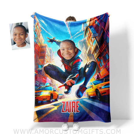 Blankets Personalized Superhero Spider Boy Afro Black Spider Blanket | Custom Face & Name Superhero Boy Blanket