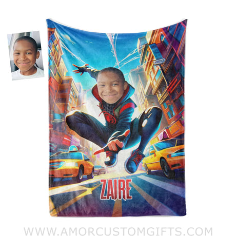 Blankets Personalized Superhero Spider Boy Afro Black Spider Blanket | Custom Face & Name Superhero Boy Blanket