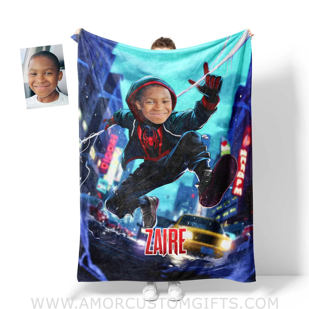 Blankets Personalized Superhero Spider Boy Afro Black Spider Shooting Silk Blanket | Custom Face & Name Superhero Boy Blanket