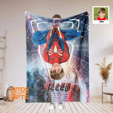 Blankets Personalized Superhero Spider Boy Reverse Head Blanket | Custom Spider Blanket