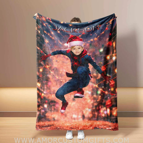Blankets Personalized Superhero Spider Boy Xmas 3 Blanket | Custom Face & Name Superhero Boy Blanket