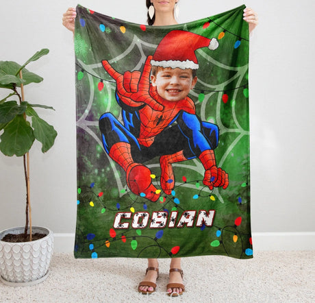 Blankets Personalized Superhero Spider Boy Xmas Blanket | Custom Face & Name Superhero Boy Blanket
